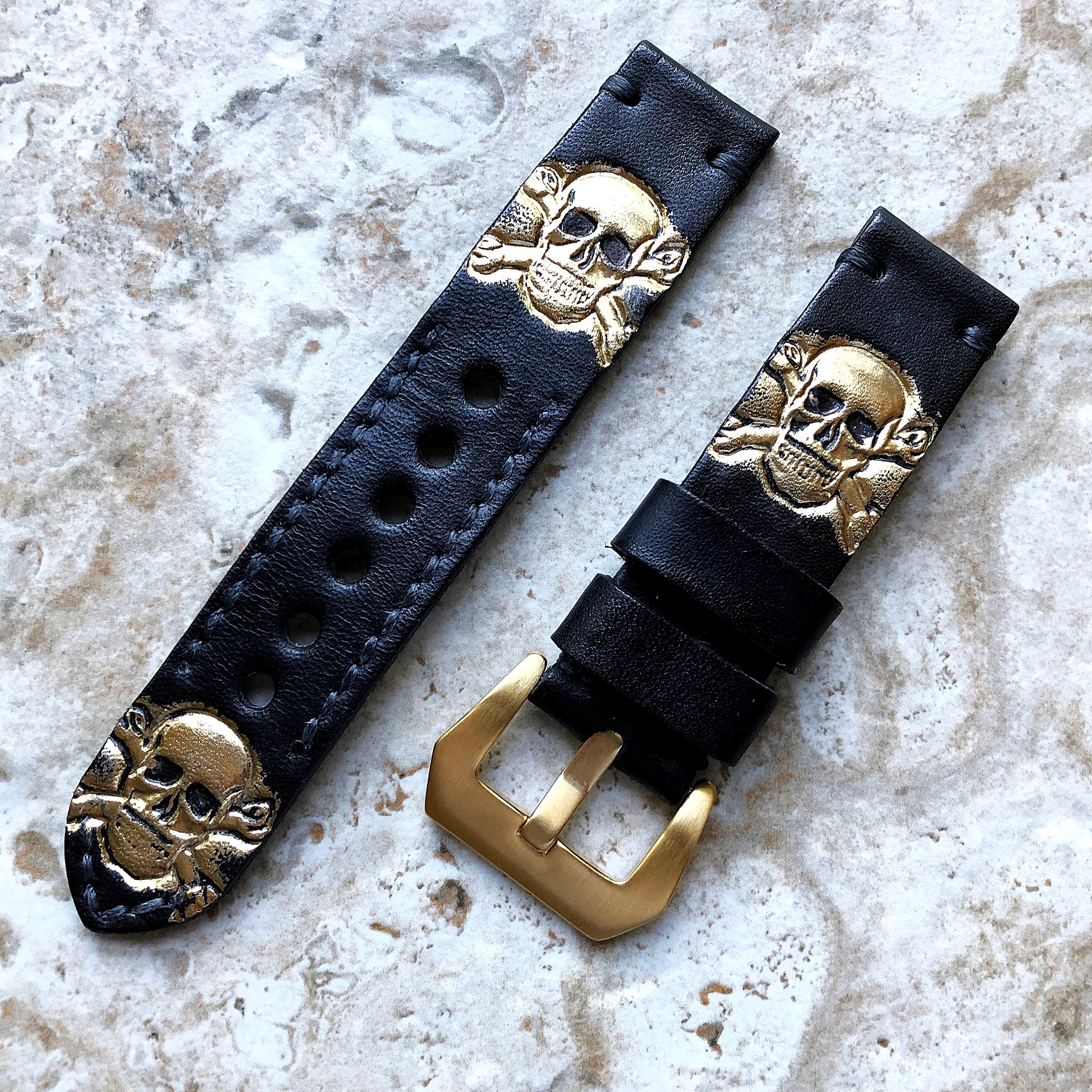 Skull X Bones Band 22mm 24mm 25mm Compatible with Apple Watch Fitbit Versa 2 3 4 Sense 2 Ionic Accented Embossed Leather Handmade Strap